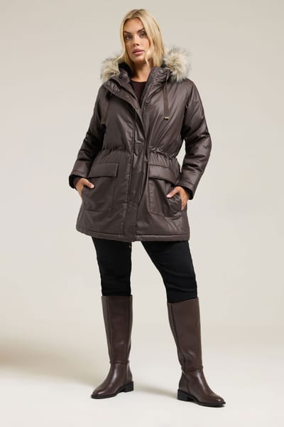 Yours Bruine Gewaxte Parka Met Imitatiebontafwerking Size 44