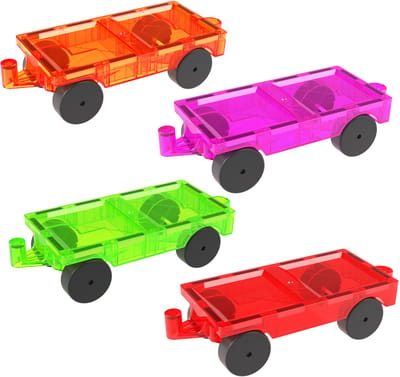 LunaLuxa - 4 Magnetic tiles auto's - rood, paars, groen en oranje - uitbreidingset - auto - trein - constructie speelgoed - compatibel met magna tiles - montessori speelgoed - magnetische tegels - Bouwstenen
