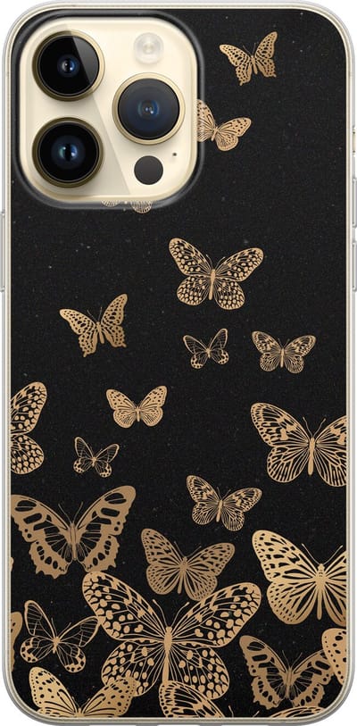 Leuke Telefoonhoesjes - Hoesje geschikt voor iPhone 14 Pro Max - Vlinders - Soft case - TPU - Print / Illustratie - Zwart, Goud
