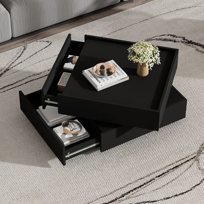 Pugsdrly Draaibare Salontafel met 360° Draaibaar Tafelblad 2 Legplanken en Opbergruimte 60x60x38 cm