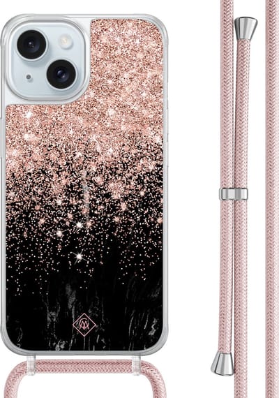 Casimoda® hoesje met rosegoud koord - Geschikt voor iPhone 15 - Marmer Twist - Afneembaar koord - TPU/acryl - Rosekleurig