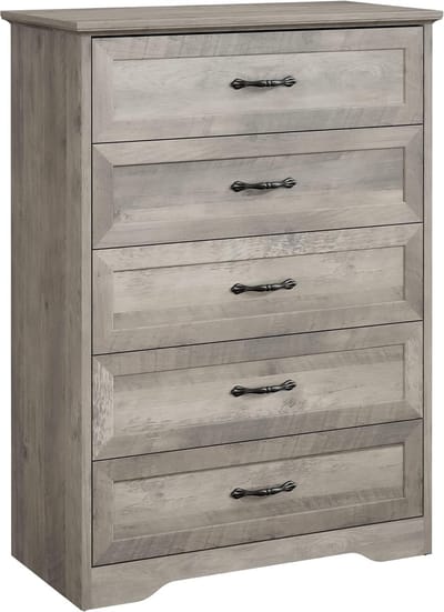 Moderne Hoge Commode met 5 Laden - Luxe Ladekast Grijs met Eiken Look - Kast met Messing Handgrepen - Opbergkast voor Slaapkamer, Woonkamer & Kinderkamer