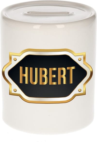 Spaarpot met voornaam Hubert - wit - met goud/zwart embleem - 8 x 9 cm - keramiek - met afsluitdop - cadeau verjaardag