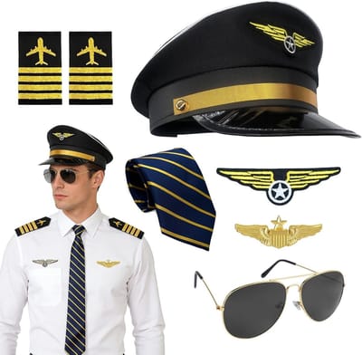 Complete Set van 7 Stuks Piloot en Captain Hoed Kostuum Accessoires voor Halloween en Cosplay, Inclusief Aviator Hoed, Armband, Badge, Stropdas en Bril voor Feestjes en Themadagen