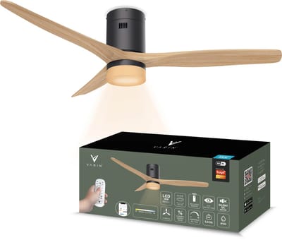Varin® Smart Ventilator met LED verlichting - Zwart/Naturel - Tuya Wifi - LED 18W CCT - Lange bladen - Ø 132cm - 6 snelheden - Super stil 20dB - Met afstandsbediening en app - Ventilatorkachel - Ventilatoren plafond - Verkoeling en verwarming