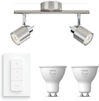 Philips Hue Meranti Opbouwspot (Mat Chroom) - Warmwit Licht - Incl. Hue Dimmer Switch - Plafondspot met 2 Lichtpunten - GU10 - Hue White