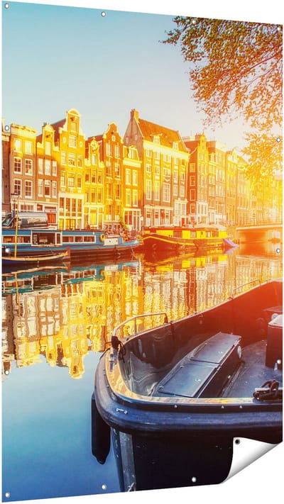 Gards Tuinposter Amsterdamse Brug - Gracht - met Bloemen - 120x180 cm - Tuindoek - Tuindecoratie - Wanddecoratie buiten - Tuinschilderij