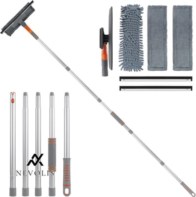 Nevolis Raamwisser Professionele Schoonmaker Roterende Rand Telescopische Steel 58-200cm Glasreinigingsgereedschap Hoge Ramen Binnen en Buiten .