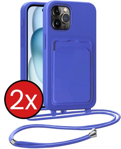 Hoesje Geschikt voor iPhone 14 Pro Hoesje Met Telefoonkoord en Pasjeshouder Siliconen - Hoes Geschikt voor iPhone 14 Pro Hoesje Met Kaarthouder Case - Felblauw - 2 PACK