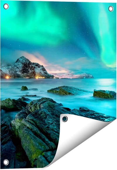 Gards Tuinposter Noorderlicht boven het Water bij Rotsen - 40x50 cm - Tuindoek - Tuindecoratie - Wanddecoratie buiten - Tuinschilderij