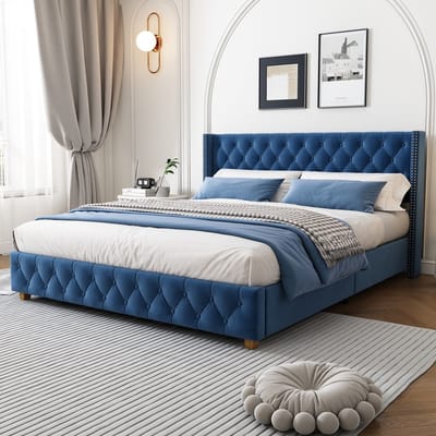 Gestoffeerd bed - 160x200 cm - Gecapitonneerd met Knoppen en Nagels - Houten Poten - Fluweel - Blauw