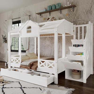 BLACKCOLORS Stapelbed, kinderbed, twee lades op wieltjes, mooie ramen en dak, trapkast met 4 opbergvakken, grenen + MDF + multiplex, wit, 90 x 200 cm en 140 x 200 cm