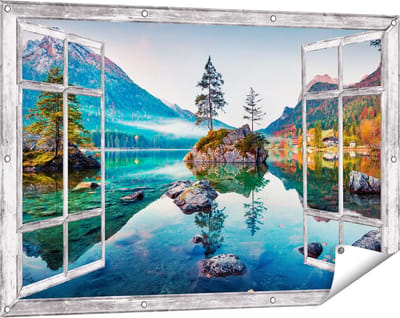 Gards Tuinposter Doorkijk Meer in de Bergen tijdens de Herfst - 120x80 cm - Tuindoek - Tuindecoratie - Wanddecoratie buiten - Tuinschilderij