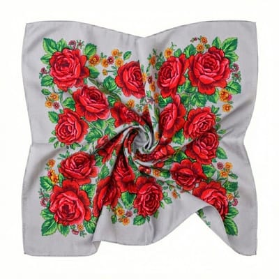 Grijze bloemen bandana voor dames – vierkante bandana met rood bloemmotief – zachte lichtgewicht hoofddoek voor dagelijks gebruik
