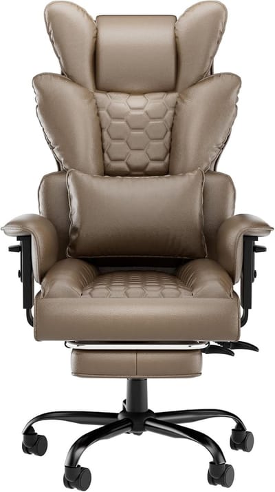 Hoofdsteun Kantoorkantoorsstoel PU-Leer Rugleuning Schuimstoelzit Voetensteun & Wielen Stalen Frame 126-136 cm Hoogteverstelbaar Thuis & Kantoor Kruk Khaki NAIZY