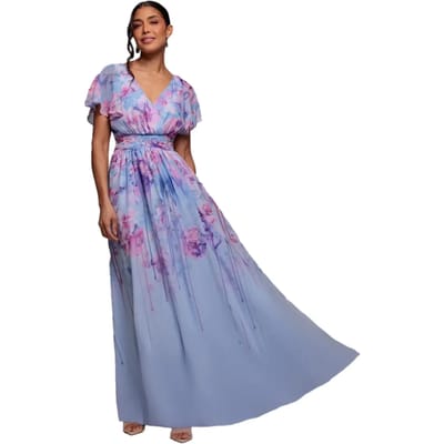 Lange Gedrukt Chiffon Satijn Jurk met Vlindermouwen Dames Goddiva