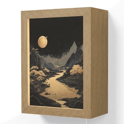Wandlamp 15x20 cm - Oplaadbaar - Gouden rivier - Bergen - Maan - Sterrenhemel - Wandlampen binnen woonkamer - Slaapkamer lamp met kabel - Decoratieve nachtlamp - Vloerlamp snoer