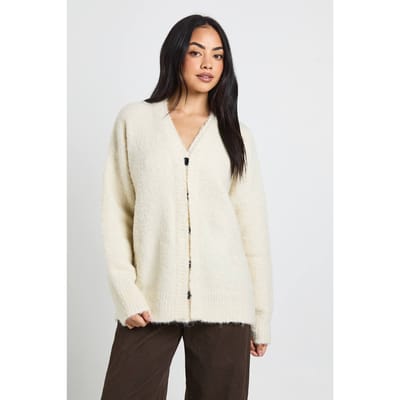 boohoo Dames Boucle Gebreid Vest met Verborgen Knopenrij in Oversized Boyfriend Stijl | Ecru | Maat: Small