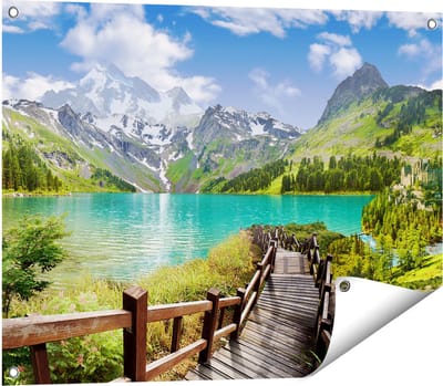 Gards Tuinposter Pad naar een Helder Blauw Meer in de Bergen - 80x60 cm - Tuindoek - Tuindecoratie - Wanddecoratie buiten - Tuinschilderij