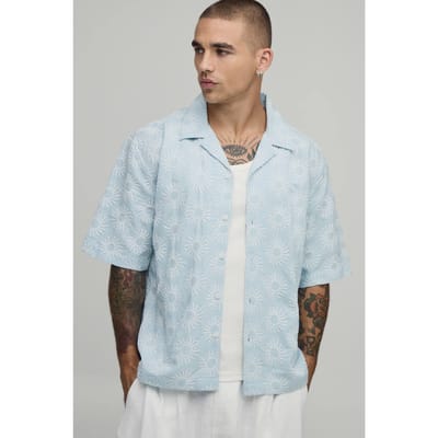 Oversized Geborduurd Shirt Met Korte Mouwen En Reverskraag | Light Blue | Size Small