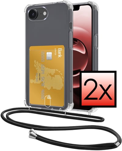 Hoes Geschikt voor Apple iPhone 16e / 17e Hoesje Pasjeshouder Cover Met Koord Shock Proof Case Siliconen Hoes Met Telefoonkoord en Kaarthouder - Transparant - 2 PACK