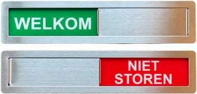 Welkom - Niet Storen Schuifbordje - RVS - Hoge Kwaliteit - 18 cm x 4 cm x 0,5 cm - Promessa Design.
