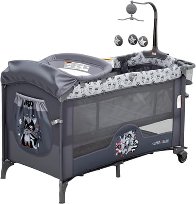 5-in-1 Reisbed voor Baby - Co-Sleeper, Wieg, Ledikant, Verschoontafel & Speelbox - Inclusief Matras, Hangspeeltjes, 4 Hoogtes, Veiligheidssysteem & Snel Opvouwbaar - 0 tot 36 Maanden - Grijs
