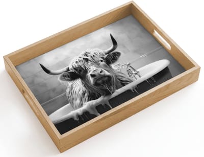 Dienblad hout 40x30 cm - Schootdienblad - Schotse hooglander - Zwart wit - Bad - Schuim - Borrelplank rechthoek - Plateau dienbladen