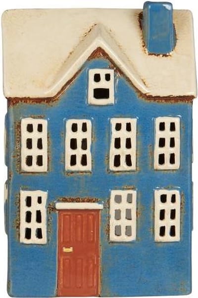 IB Laursen - keramieken huisje - waxinelichthouder - blauw bruine deur - 27655-13