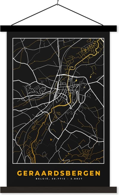 Posterhanger incl. Poster 40x60 cm - Schoolplaat - Stadskaart - Goud - Geraardsbergen - Plattegrond - Kaart - Textielposter - Zwarte latten - Stadskaart