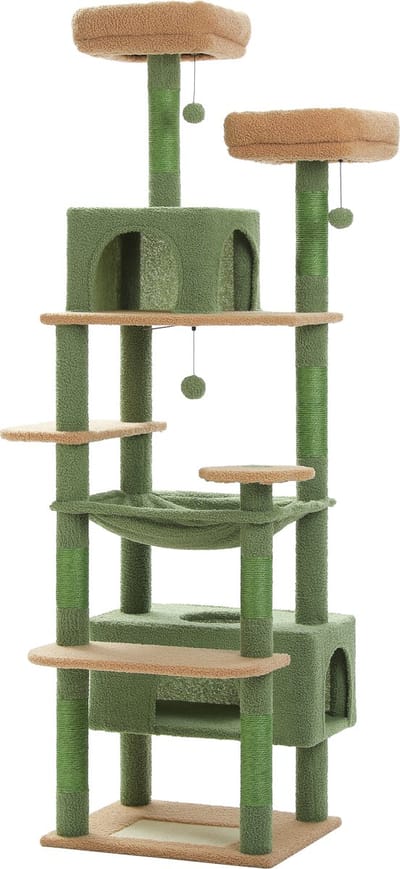 Kattenu MeowMansion - Krabpaal voor grote katten - Groen - Grote krabpaal voor zware katten - 184 cm hoog - Katten krabpaal