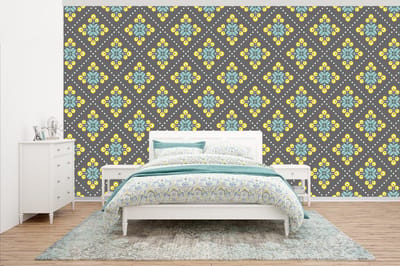 Behang - Fotobehang Design - Ruit - Bloemen - Grijs - Breedte 500 cm x hoogte 280 cm