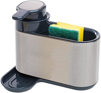 Allecto - Zeepdispenser - Wandmontage - 3-in-1 Spoel Organizer - Zilver - 300ml Afwasmiddel Dispenser - Geschikt voor Keuken - Kleur