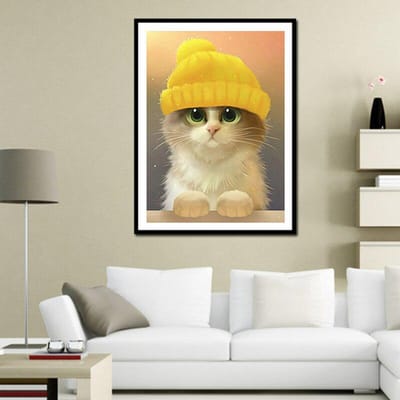 Diamond Painting Kerst Diamond Borduren Volledige Strass Schattige Kat met Gele Hoed Kruissteek 20X30CM beige