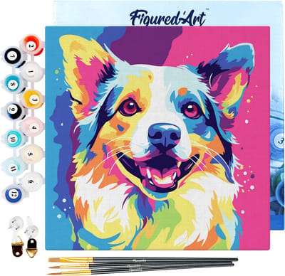 Figured'Art Mini Schilderen op Nummer Volwassenen 20x20cm met lijst Honden Abstracte Pop-Art - Klein Formaat Creatieve Hobby Kit DIY Art Nummer Compleet
