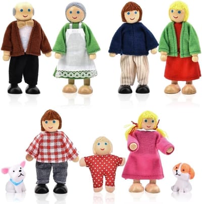 Poppenhuis Poppen - Houten Figuren - Poppenhuis Spelen - Buigbare Ledematen - 9 Stuks - Meerkleurig
