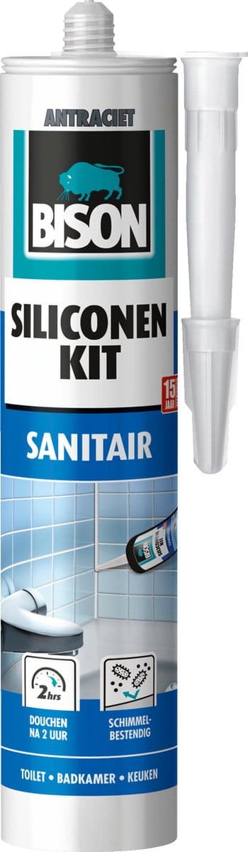 Bison Siliconenkit antraciet koker 300 ml - waterbestendige kit, sanitaire afdichting, ongevoelig voor schimmel, kleurvast, blijvend elastisch, makkelijk verwerkbaar