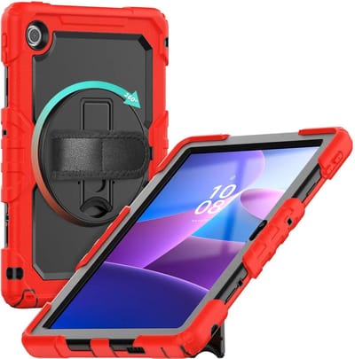 Hoes met ingebouwde Screenprotector Geschikt voor Lenovo Tab M10 Gen 4 (2025) | Inclusief 360° Draaibare Handriem en Schouderriem | Extreme bescherming | Ideaal voor zakelijk gebruik | Rood