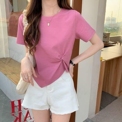 Haut à Base Fine Slim Design Court Machiavélique Couleur Unie pour Femmes Été Taille Haute Nombril Découvert T-shirt à Manches Courtes Irrégulier pour Femmes One size rose