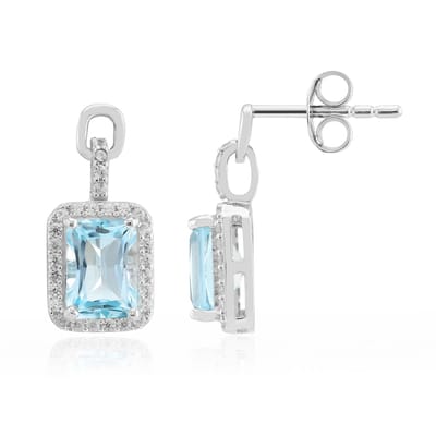 Cavill - 925 Sterling Zilveren Oorbellen - Hemelsblauwe Topaas 2,1 ct - Achthoekig Radiant - 56 Zirkonia - Elegante Sieraden