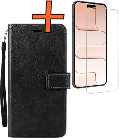 Hoes - Met Screenprotector - Geschikt voor Apple iPhone Air - Luxe Pasjeshouder - Bookcase Portemonee - Flip Case - Kunstleer Book Case - Flipcase - Book Cover - Walletcase - PortemonneeHoes - Zwart