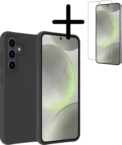 Hoesje Met Screenprotector - Geschikt voor Samsung Galaxy S24 - Sterk & Shockproof - Back Cover - Siliconen Case - Telefoon Hoes - Zwart