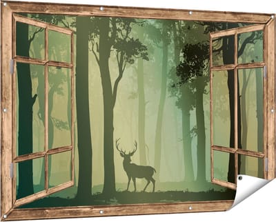 Gards Tuinposter Doorkijk Hert in het Bos - Silhouet - 150x100 cm - Tuindoek - Tuindecoratie - Wanddecoratie buiten - Tuinschilderij
