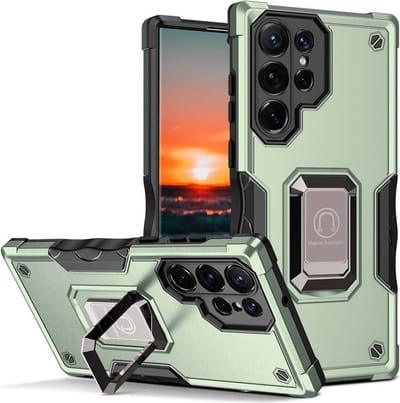 Smartphonica Rugged Armour case voor Samsung Galaxy S22 Ultra met verstelbare ringhouder - Groen geschikt voor Samsung Galaxy S22 Ultra
