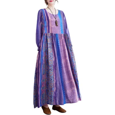 Dames Vintage losse jurk met lange mouwen Print zijzakken Lente casual vakantiejurk M paars