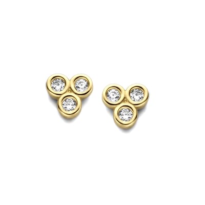 New Bling 9NBG-0166 Gouden Oorknop met Zirkonia - 3 Steentjes in Ronde Zetting - 14 krt - 5 mm - Goudkleurig