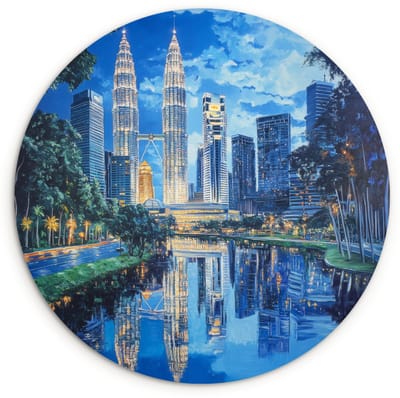 WallCircle® Wandcirkel 120x120 cm - Muurcirkel Stad Kuala Lumpur - Skyline - Wolkenkrabbers - Water - Muurdecoratie woonkamer - Wanddecoratie slaapkamer - Kamer decoratie accessoires - Ronde schilderijen XXL