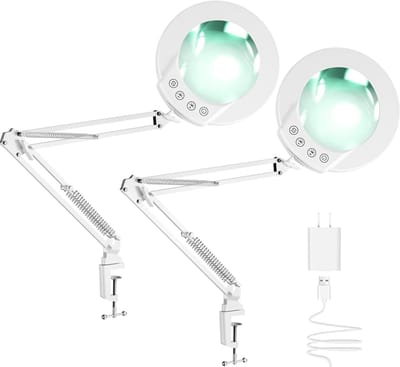 2 stuks 10 x vergrootglas met licht en klem, verlicht vergrootglas van echt glas met 5 kleuren en traploze dimbaarheid, handsfree bureaulamp voor hobby's, knutselen, lezen en naaiwerk (wit)