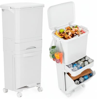 Springos Prullenbak - Afvalbak - Vuilnisbak - Vuilbak - Op Wielen - Afvalscheidingsbakken - 3 Delig - 42 Liter - 83,5 x 42 x 28,5 Cm - Wit