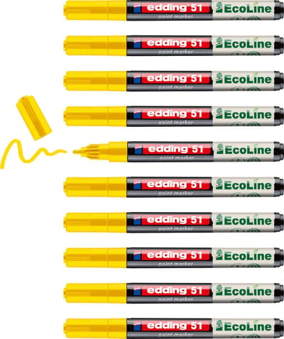 edding 51 EcoLine lakmarker op waterbasis geel 10 stuks - ronde punt 1-2 mm- laag VOS-gehalte - navulbaar - geschikt voor o.a. gladde, donkere en transparante oppervlaktes